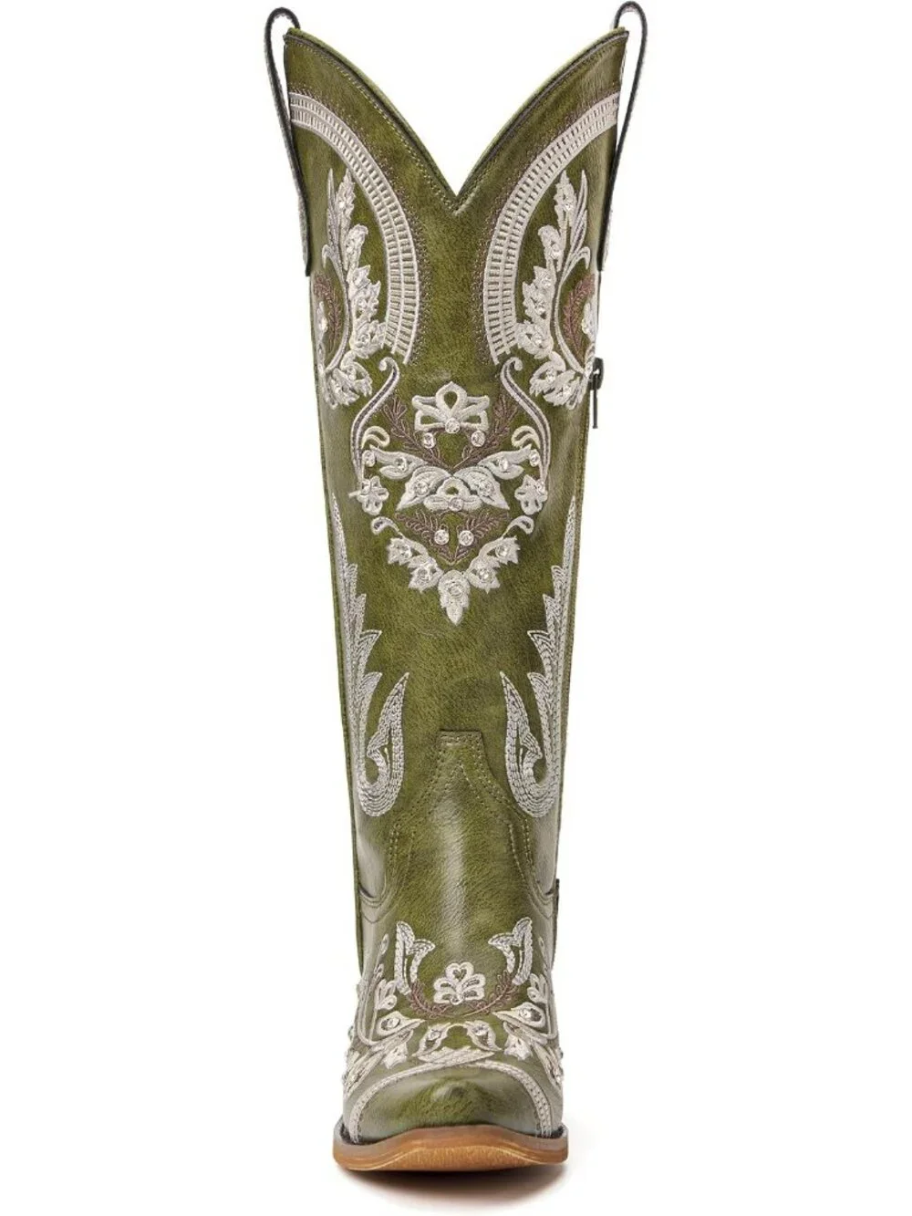 Women's Green Knee High Faux Leather Pointed Toe Western Chunky Tall Heel Boots